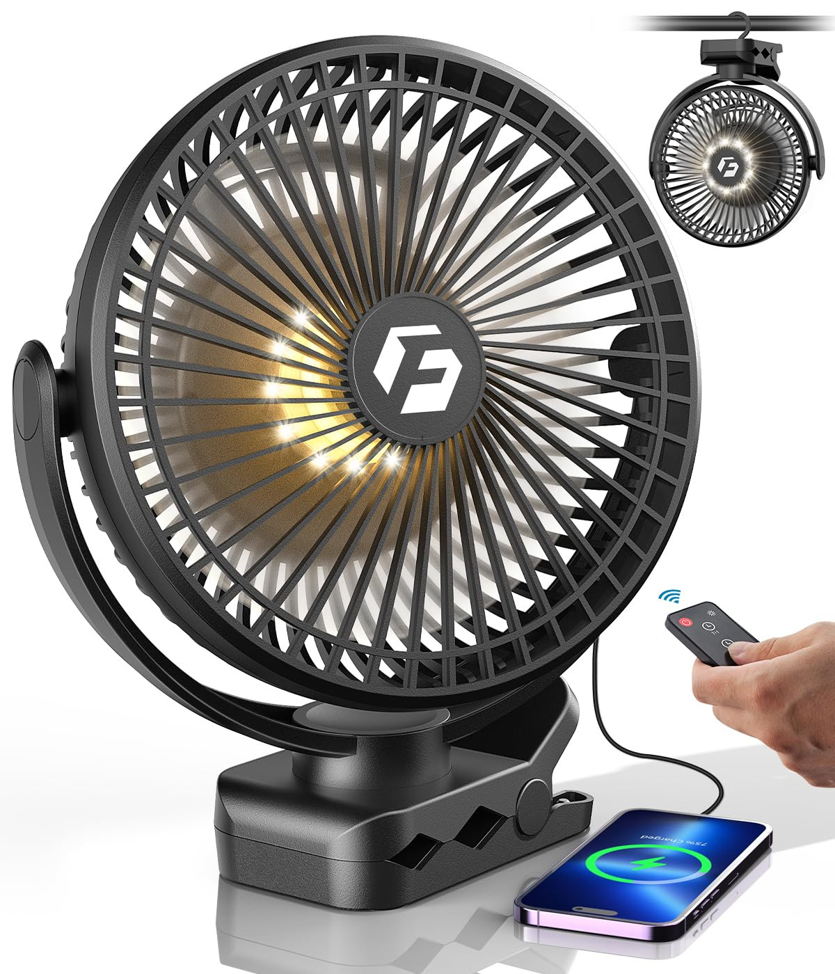 24000mAh Clip on Fan for Golf Cart - 8-inch Portable Rechargeable Fans - Max Up to 150Hrs Work Time - Battery Operated Fan with LED, Remote, Timers, Hook for Office, Desk, Camping, Tent, Treadmill | Amazon (US)