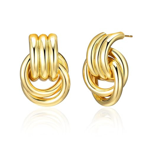 Chunky Gold Knot Earrings for Women, Gold Silver Statement Geometric Drop Dangle Long Link Earrings Trendy Dupes Jewelry (Double Knot-Gold, Large - 30mm) | Amazon (US)