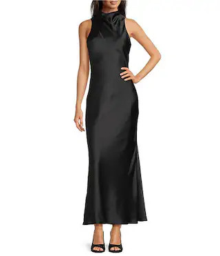 Alex Marie Sonja Satin High Neck Halter Maxi Gown | Dillard's | Dillard's