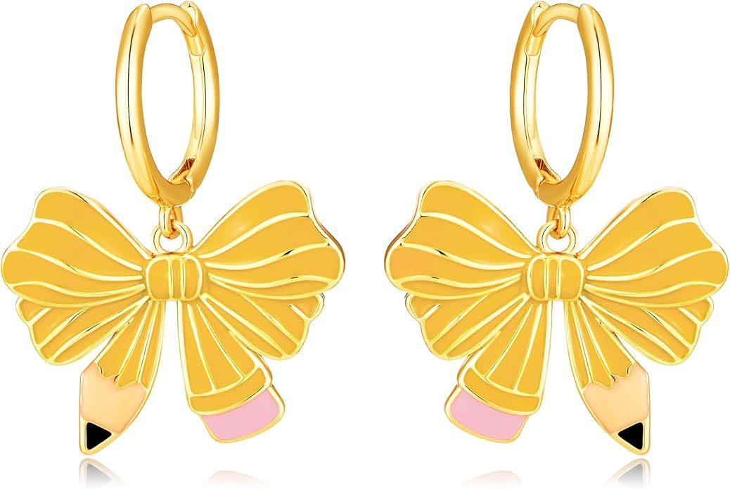 Teacher Pencil Earrings with Pink Glitter Bow, Cute Back to School Dangle Drop Jewelry Gift for E... | Amazon (US)