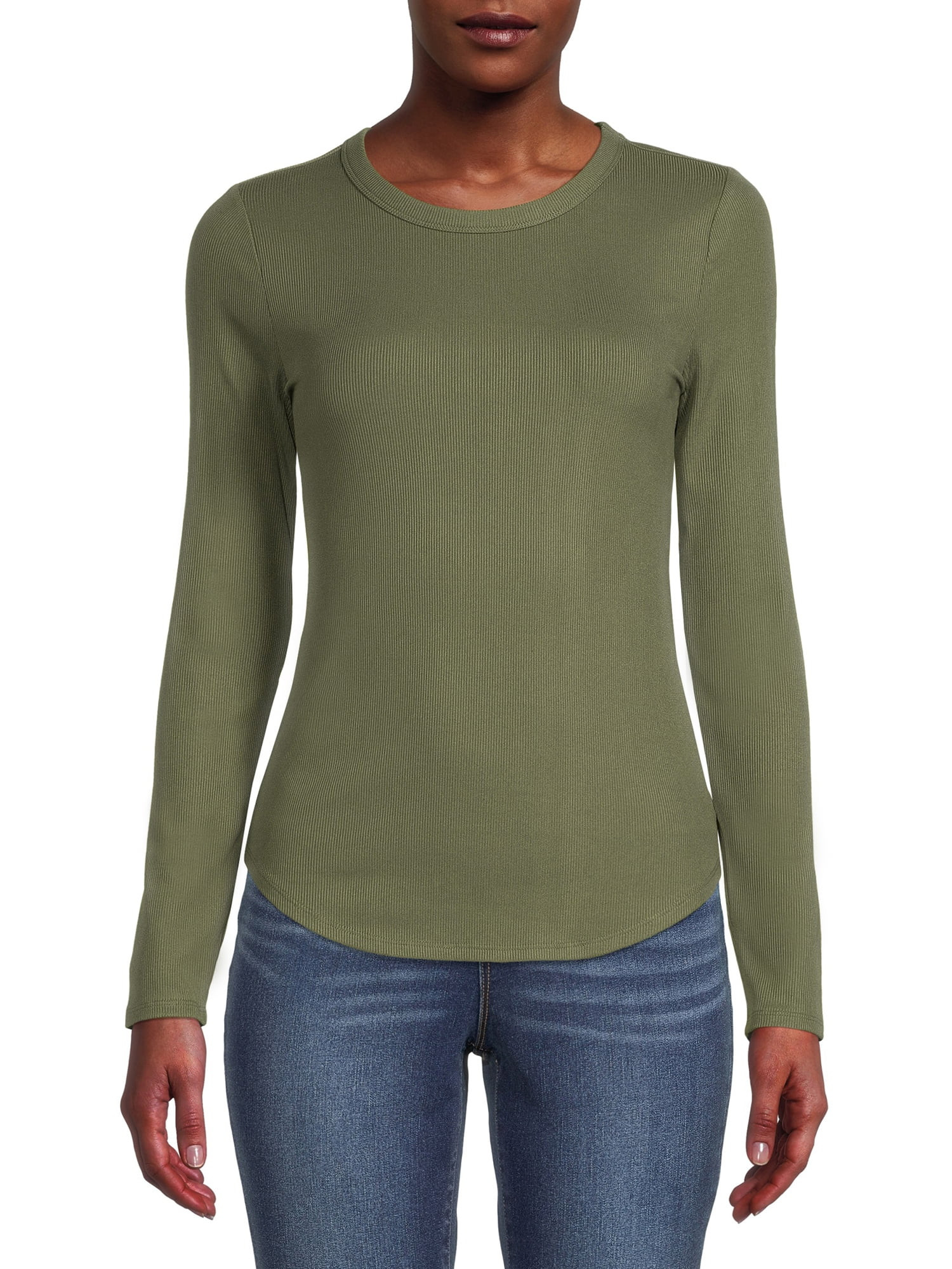 No Boundaries Junior's' Crewneck Ribbed T-Shirt with Long Sleeves - Walmart.com | Walmart (US)