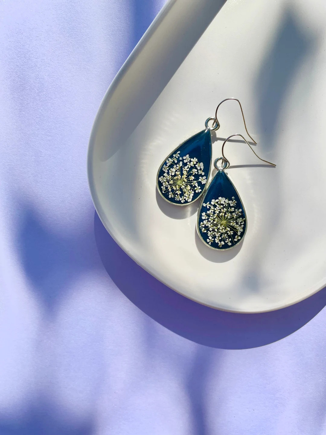 Queen Anne's Lace Teardrop Earrings, Navy Blue, Silver Plated Ear Wire, Real Pressed Flowers, Whi... | Etsy (US)