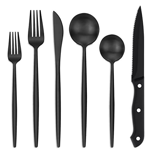 EUIRIO 48-Piece Matte Black Silverware Set with Steak Knives, Black Flatware Set for 8, Stainless Steel Forks and Spoons Silverware Sets, Black Cutlery Utensils Set, Satin Finish & Dishwasher Safe | Amazon (US)