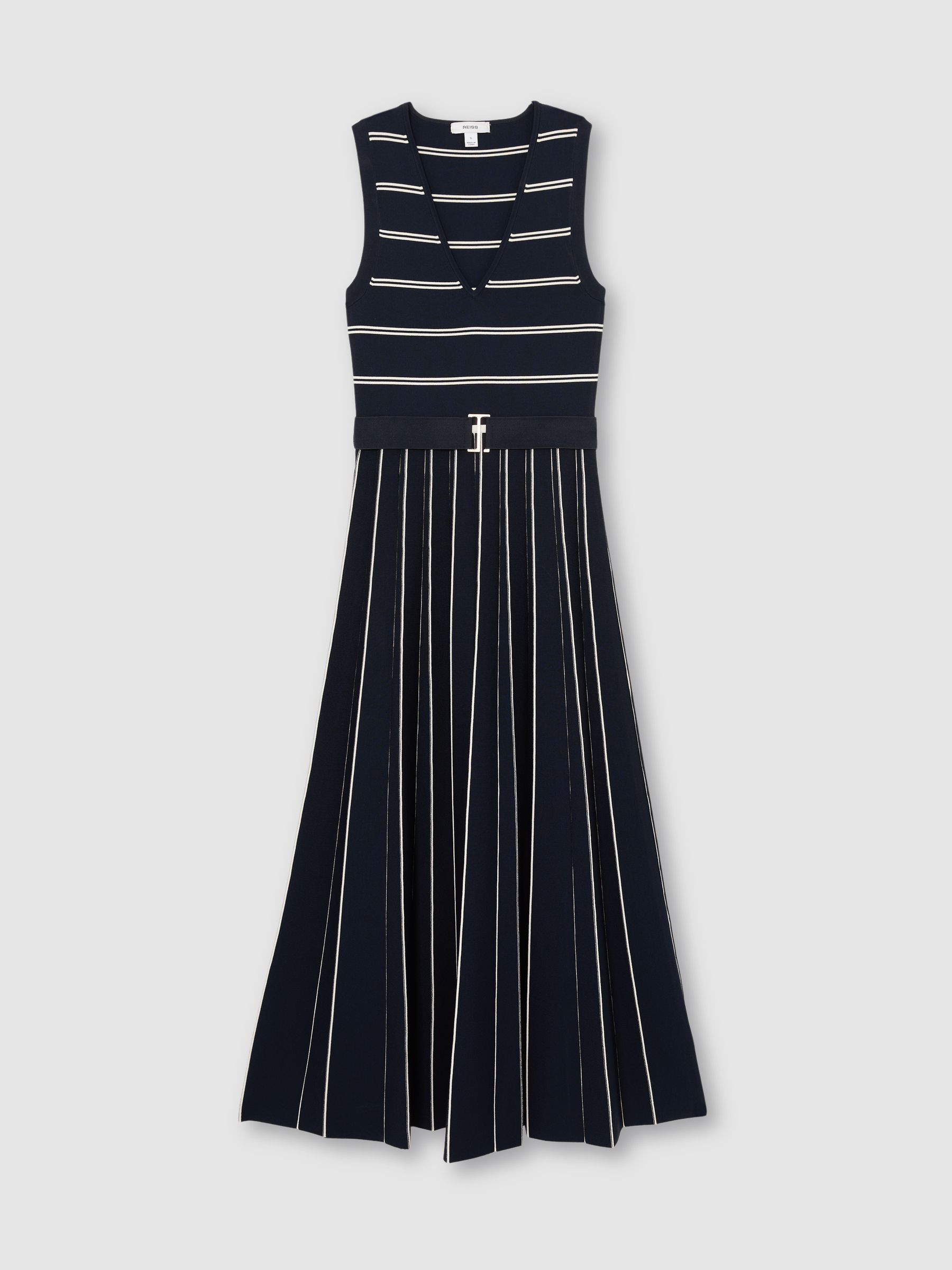 Reiss Sleeveless Stripe Knitted Midi Dress in Navy/Ivory | REISS | Reiss US