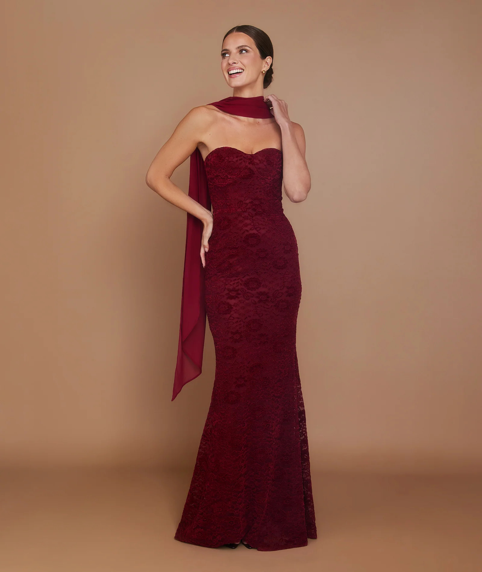 Velvet Lace Corset Maxi Dress with Neck Scarf - Wine | Six Stories