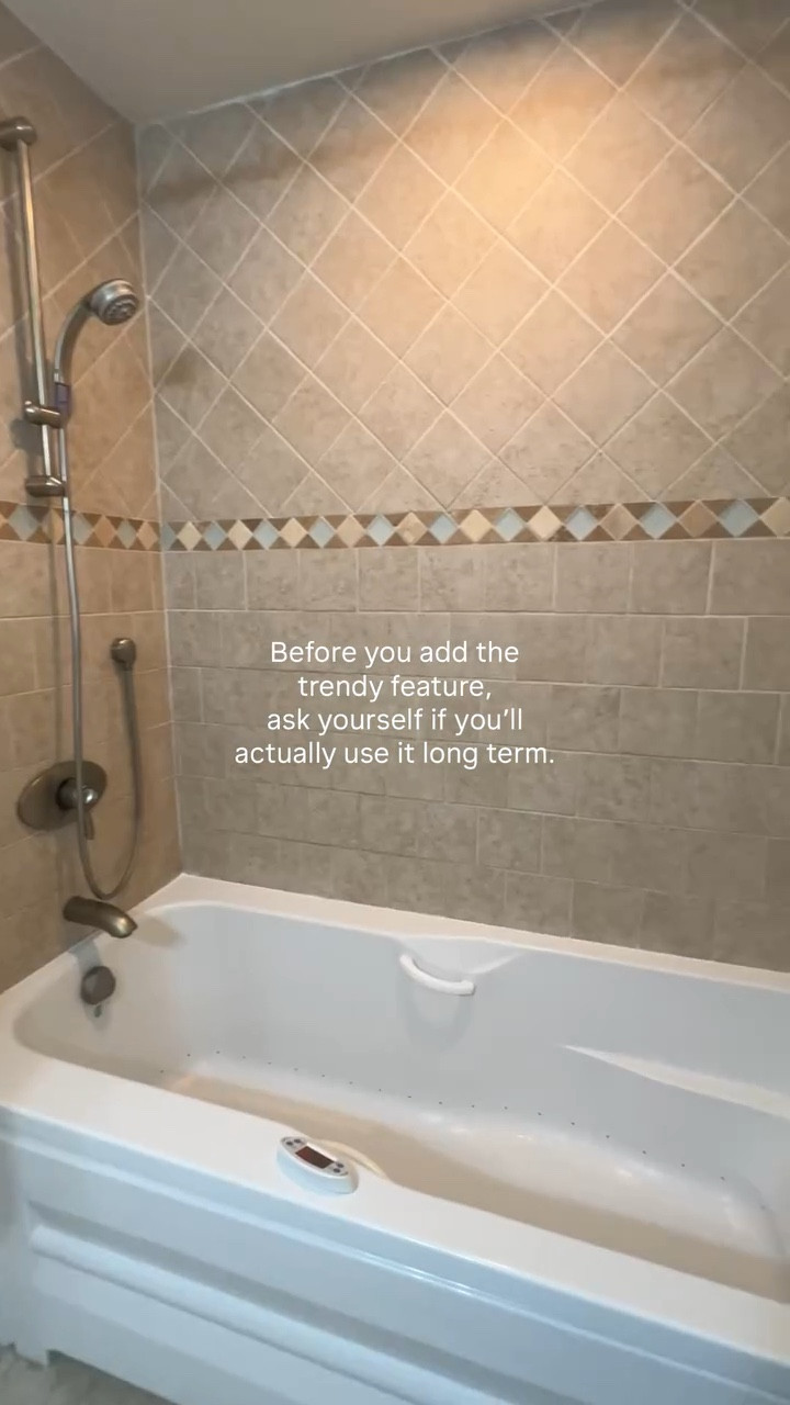 Clearly we don’t use this bathroom jacuzzi tub BUT twenty years ago, it felt like the ultimate upgrade.

But now the kids are grown… and we barely use it.

Before you add the trendy feature like that free standing tub, ask yourself if you’ll actually use it long term.

#bathroomdesign #homelesson #bathroomtrends #bathroomideas #interiordesign