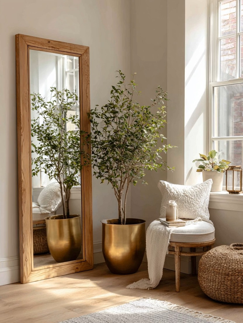 Your home may not need more furniture. It may just need one beautifully styled corner.

A tall natural wood mirror instantly adds warmth, depth, and reflection to a space without overwhelming it. Slightly leaning the mirror against the wall keeps the room feeling relaxed and effortless, while still looking elevated and intentional. Then pair it with an oversized indoor tree in a soft gold planter, and suddenly that forgotten empty corner becomes one of the most beautiful parts of the room.

Oversized indoor plants are more than decor pieces. They bring movement, texture, softness, and grounding energy into the home. If you love real greenery, we highly recommend incorporating natural trees whenever possible. But beautifully styled faux options work just as well for creating that same calm, designer-inspired atmosphere with less maintenance.

The mirror reflects both the light and the greenery, which subtly makes the room feel brighter, softer, and more expansive. And when natural wood meets soft gold finishes, the combination creates the kind of quiet luxury that never feels forced.

The key is scale. One oversized statement piece always creates more impact than several smaller filler items.

Explore our curated edit of oversized mirrors, indoor trees, and elegant gold planters to create your own version of this look. Because the most beautiful homes are curated, not copied.

#HomeDecor #QuietLuxury #InteriorStyling #ElegantAndDriven 

 #LTKHome