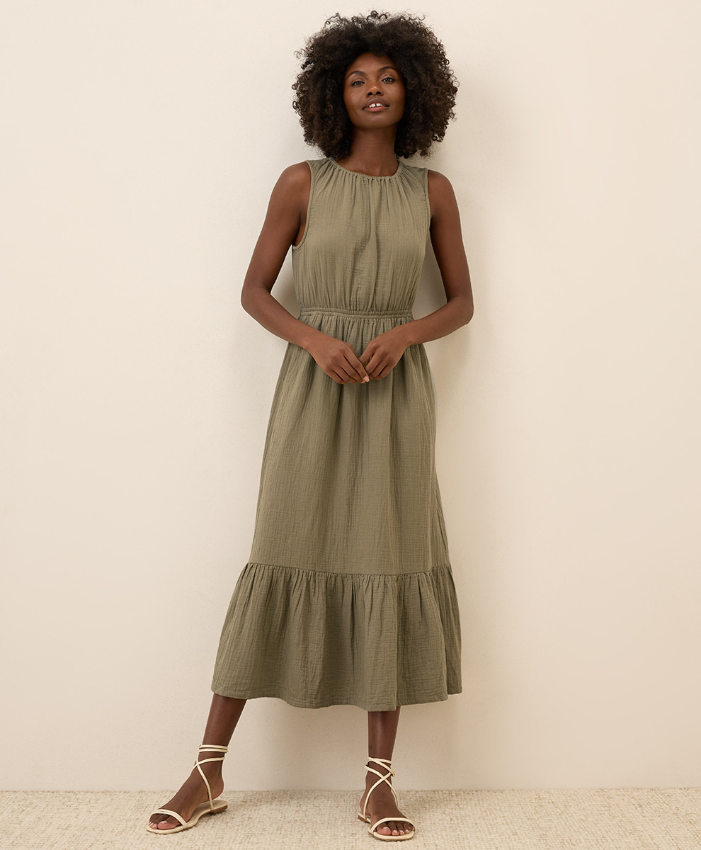 Women's Khaki Green Coastal Double Gauze Tiered Midi Dress M | Pact Apparel