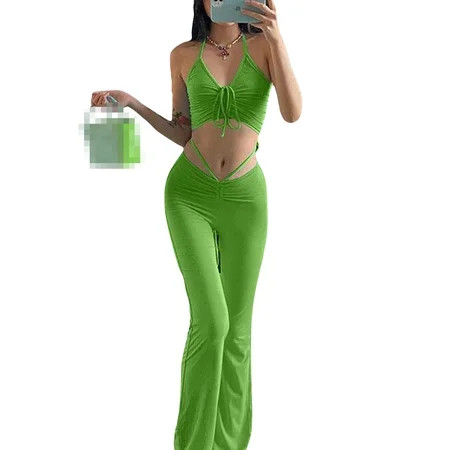 Canrulo Womens 2 Piece Outfits Halter Neck Bandage Crop Tops and Drawstring Flare Pants Summer Clubw | Walmart (US)