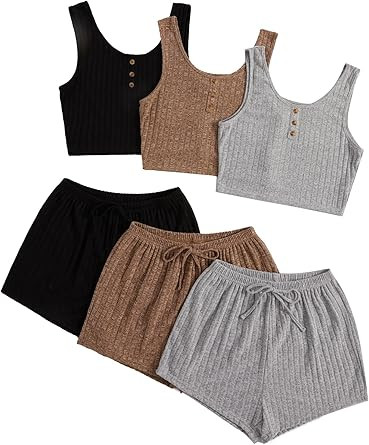 SOLY HUX Womens Pajamas Lounge Set 3 Sets Sleepwear Rib Knit Crop Tank Top and Shorts PJ Summer O... | Amazon (US)