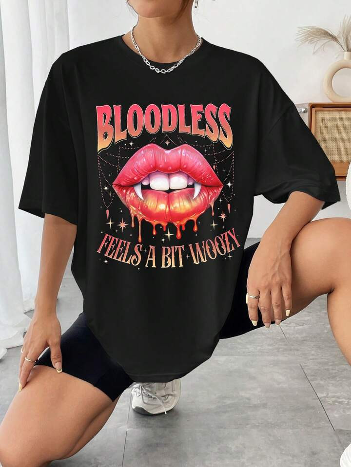 SHEIN EZwear Camiseta Feminina Com Estampa De Impressão De Lábios E Slogan, Gola Redonda, Manga... | SHEIN