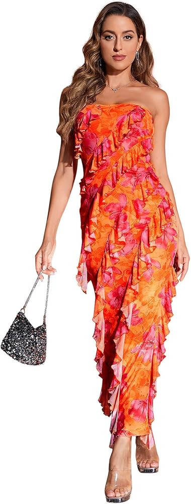 MakeMeChic Women's Strapless Floral Print Bandeau Tube Dress Ruffle Slit Hem Sleeveless Bodycon L... | Amazon (US)