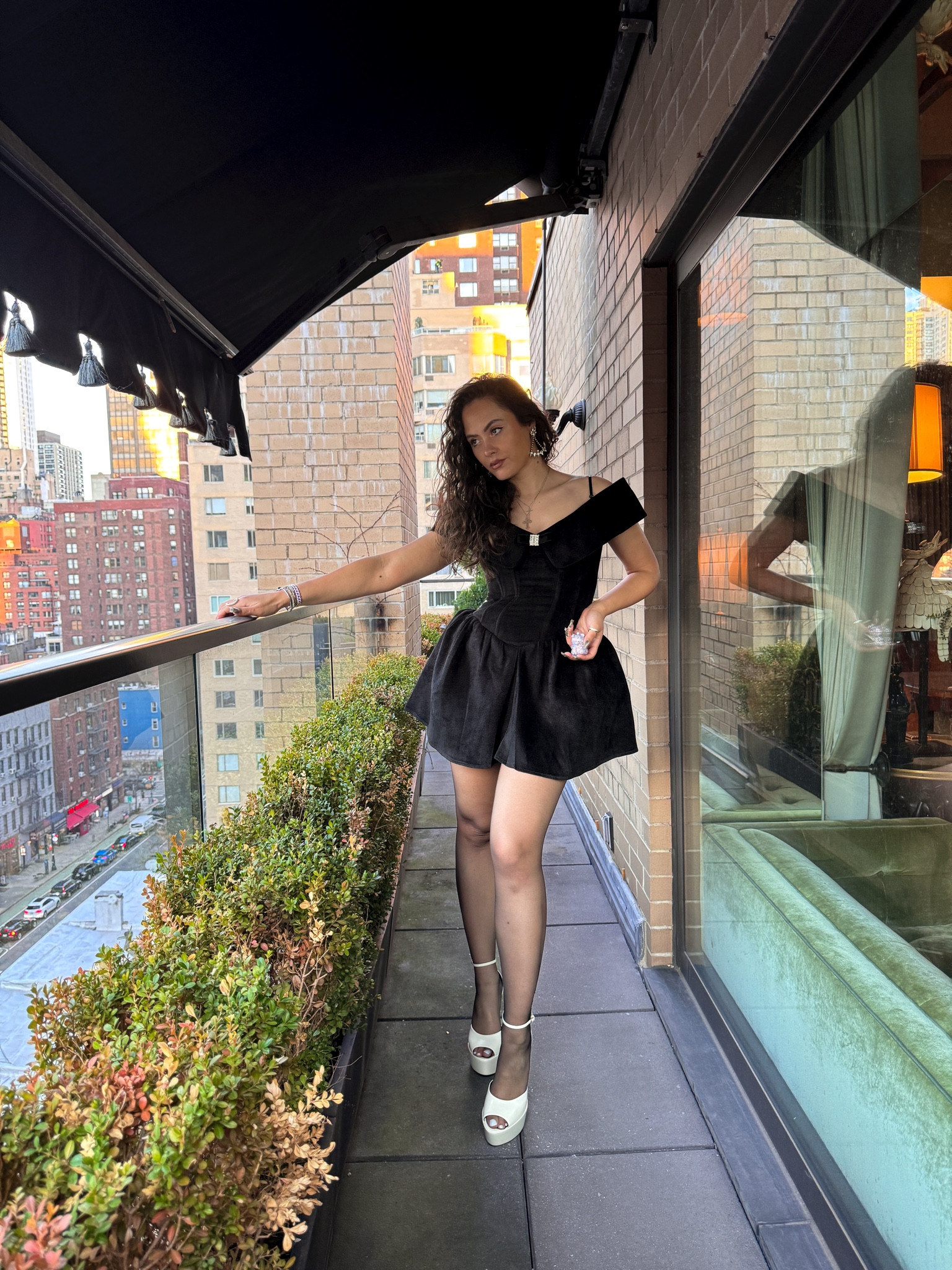 Off the shoulder mini skater princess dress, white strap heels

#LTKeurope #LTKstyletip #LTKSeasonal