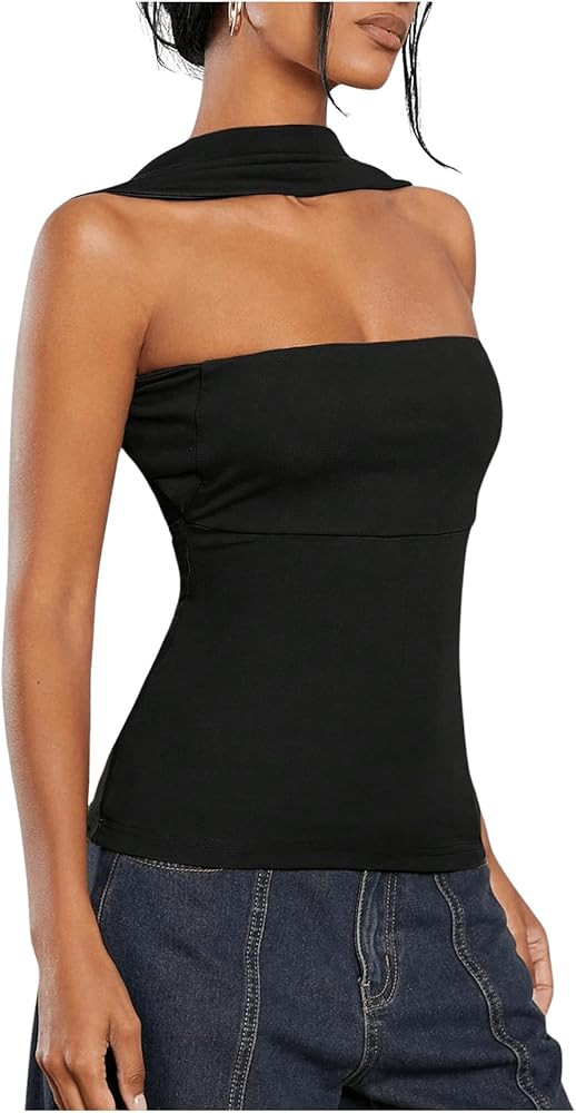 Women's Open Back Halter Neck Tee Ruched Sleeveless Elegant Casual Summer T Shirt | Amazon (US)