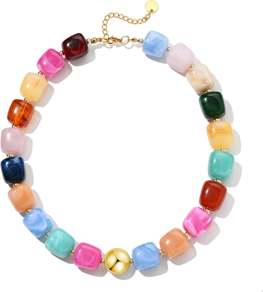 Colorful Chunky Beaded Necklace for Women Trendy Summer Boho Statement Beach Choker Handmade Char... | Amazon (US)