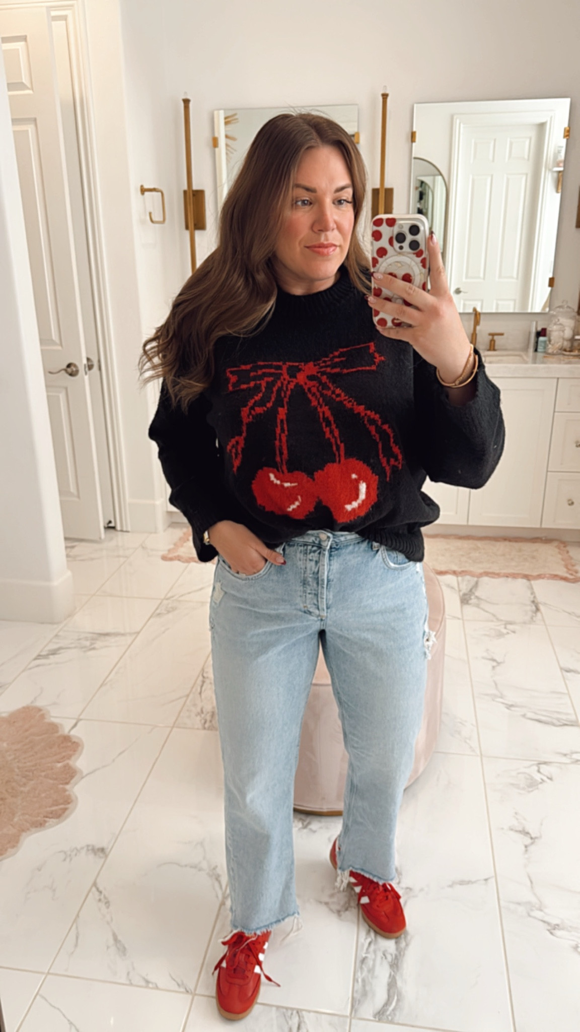 festive holiday casual outfit! wearing size large in black cherry bow sweater and size 31 curve in denim 

#LTKSeasonal #LTKHoliday #LTKMidsize