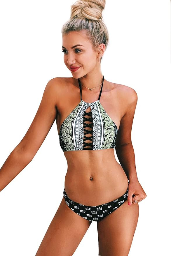 CUPSHE Women's Black Lace Up Halter Padding Bikini Set | Amazon (US)