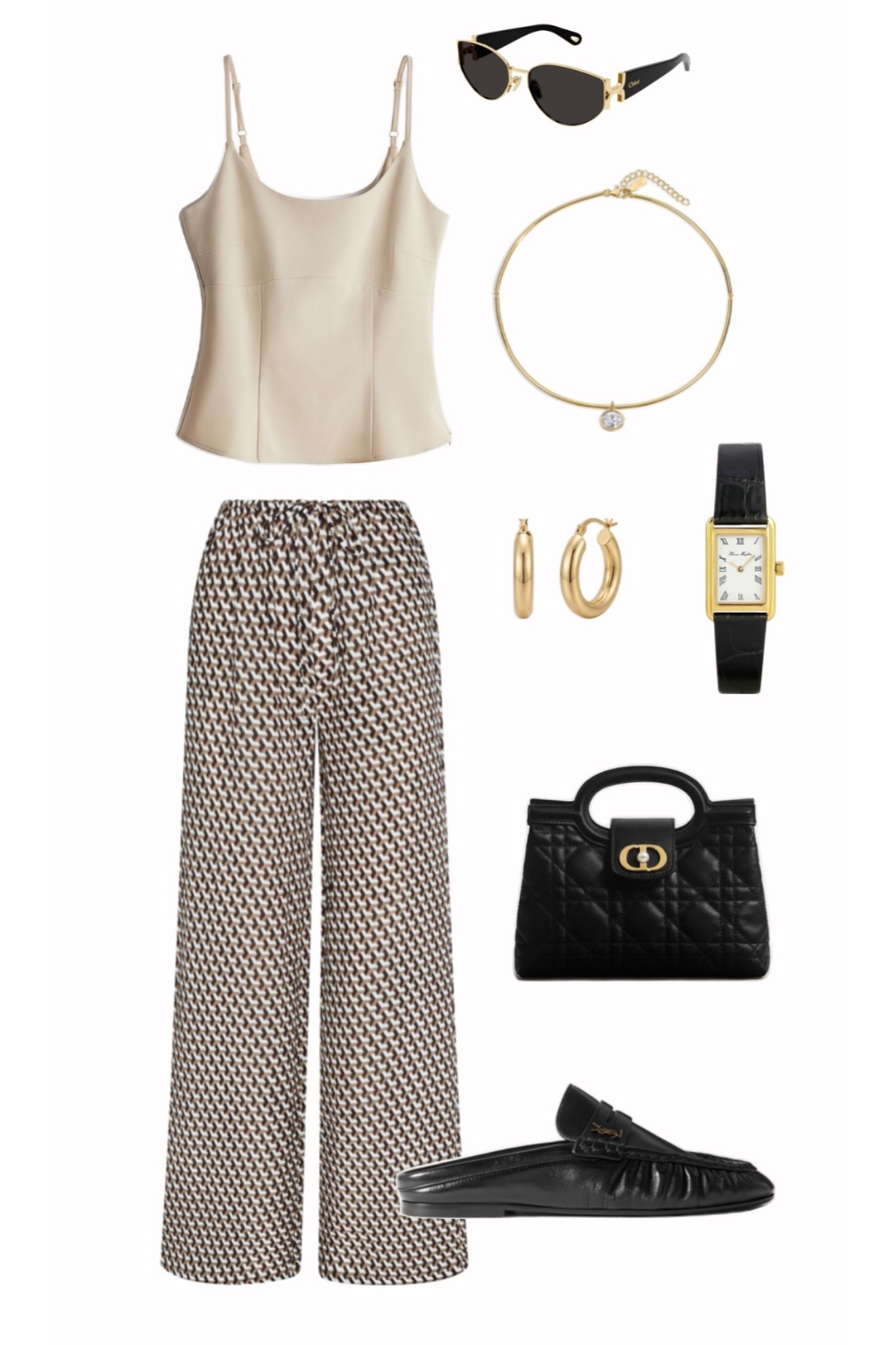 neutral outfit idea, beige cami top, printed wide leg pants, brown and black outfit, elevated casual look, luxury inspired style, black loafers women, designer inspired bag, gold jewelry outfit, classy everyday outfit, capsule wardrobe pieces, timeless chic style, work to dinner outfit, fall transitional outfit