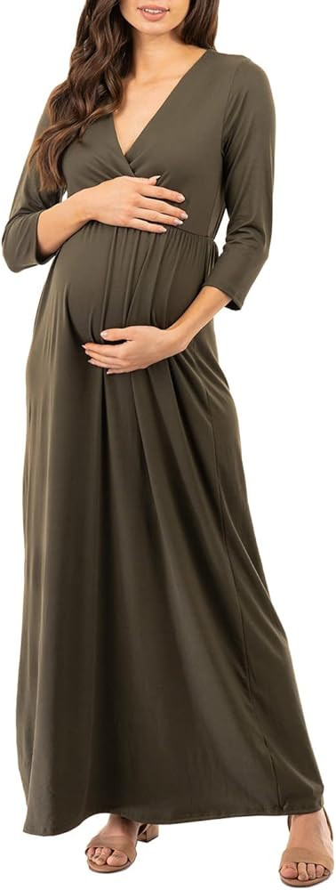 Mother Bee Maternity V-Neck 3/4 Sleeve Ruched Waist Dress | Amazon (US)