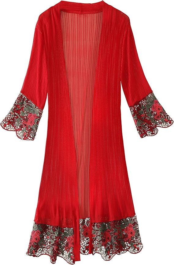 Tanming Women's Bathing Suit Cover Ups Lace Sheer 3/4 Sleeve Swimsuit Duster Cardigan | Amazon (US)