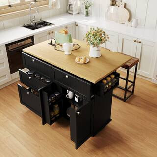 Black MDF Wood 50.3 in. Kitchen Island Cart Set with Drop Leaf, 2-Stools, Power Outlet, 4-Drawers and Wheels (Set of 3) | The Home Depot