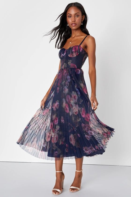 Alluring Invite Midnight Blue Floral Pleated Bustier Midi Dress | Lulus (US)
