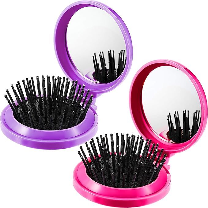 2 Pieces Folding Travel Mirror Hair Brushes Round Folding Pocket Hair Brush Mini Hair Comb Compac... | Amazon (US)