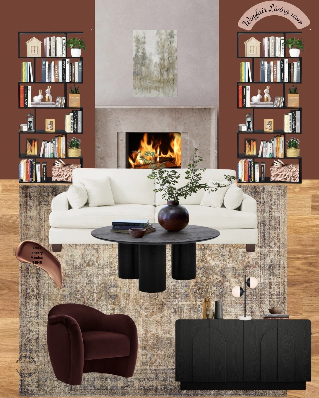 Wayfair living room! All of the furniture is on flash sale! White sofa, black coffee table, black bookshelves and black credenza. #homedecor #livingroom 

#LTKSeasonal #LTKHome #LTKHoliday