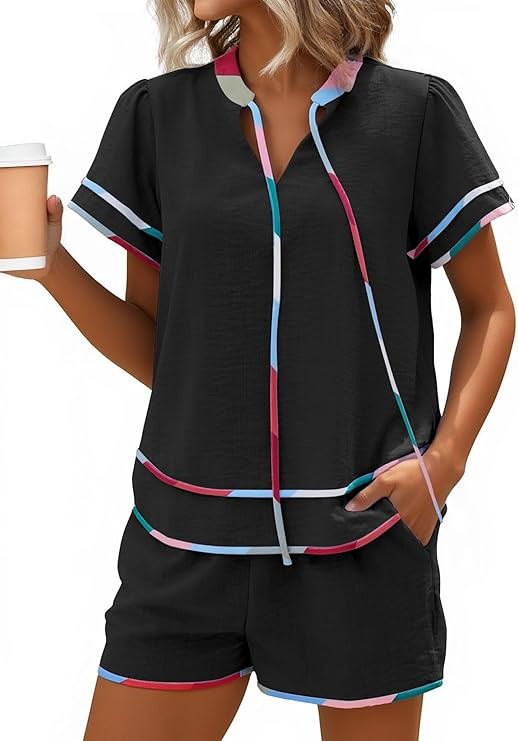 ECOWISH Women's 2 Piece Outfits Casual Summer Short Sleeve V Neck Color Block Lounge Sets for Bea... | Amazon (US)