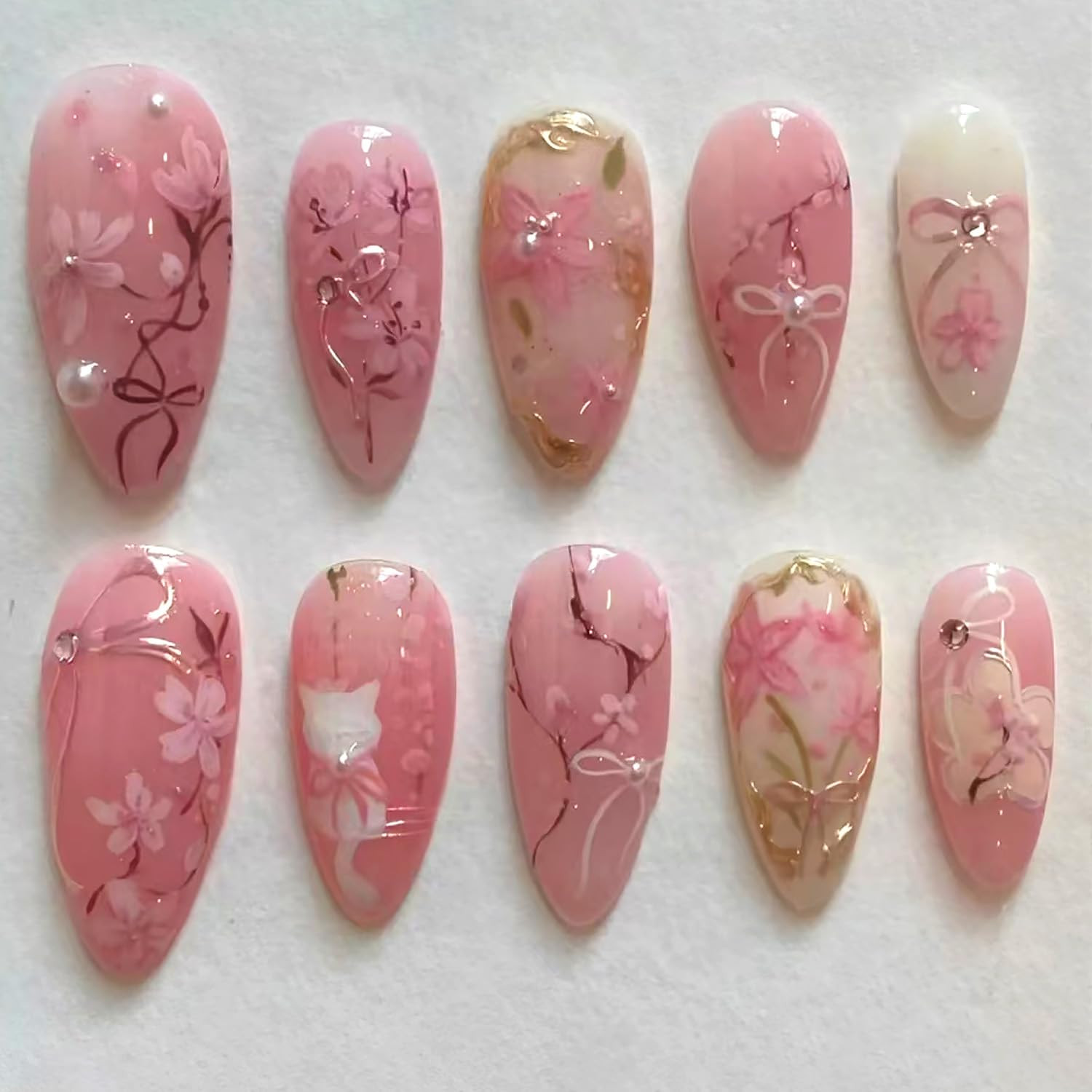 30Pcs Pink Flower Press on Nails Medium Almond Fake Nails Gilding Peach Blossom with Gems Design ... | Amazon (US)