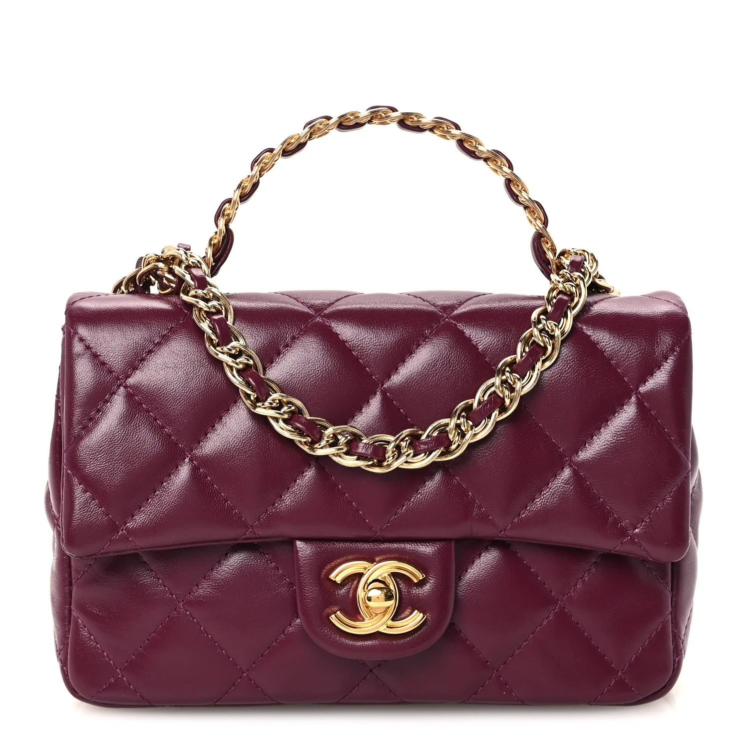 Chanel Shiny Lambskin Quilted Golden Links Top Handle Flap Dark Purple 1975311 | FASHIONPHILE (US)