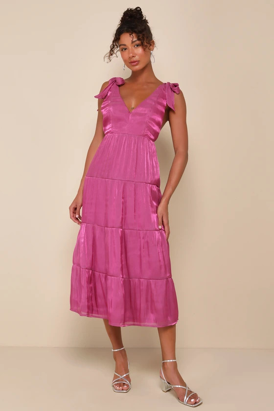 Exemplary Shine Magenta Organza Tie-Strap Tiered Midi Dress | Lulus