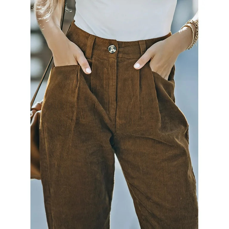 EVALESS Womens Corduroy Pants Casual High Waisted Straight Leg Pants Loose Trousers Pants with Po... | Walmart (US)