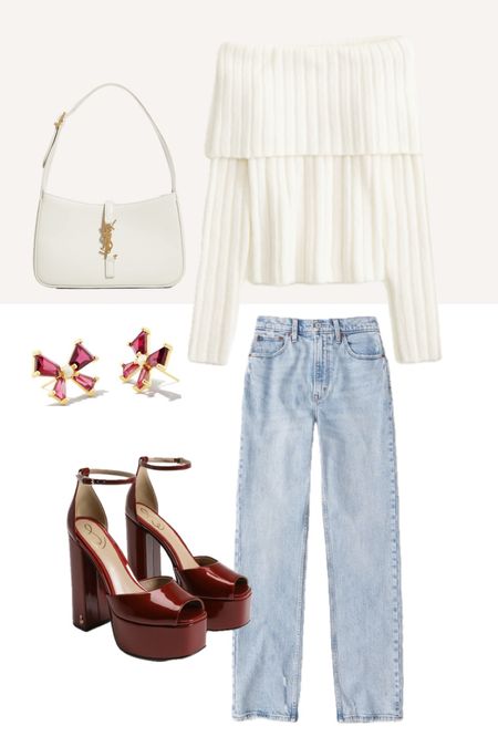 Holiday outfit inspo! white off the shoulder top, cherry red platform heels, jeans, bow earrings 

Holiday style, winter outfit, cherry red outfit, brunch outfit, girls night outfit, style inspo

#LTKGiftGuide #LTKstyletip #LTKHoliday