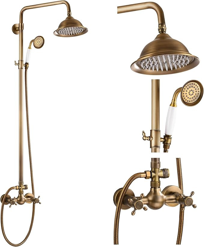 Antique Brass Shower System 8 Inch Rainfall Shower Head Handheld Spray Double Cross Handle Bathro... | Amazon (US)