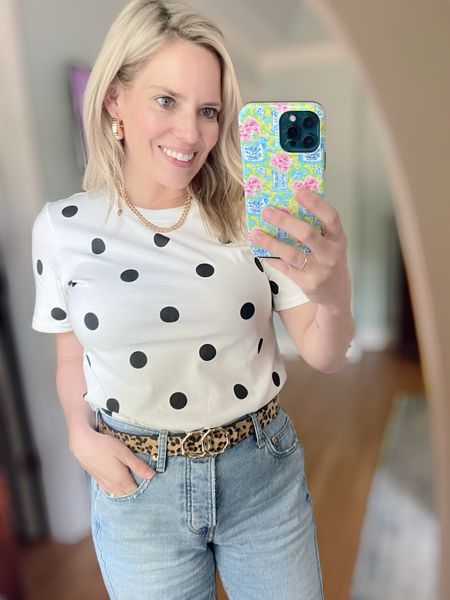 Polka dot t-shirt, leopard print belt, gold hoop earrings, classic outfit, preppy outfit, 90s jeans, cropped jeans 

#LTKFindsUnder50 #LTKFindsUnder100 #LTKOver40