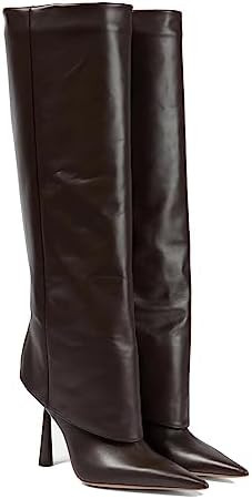 THESHY Women's Pointed Toe Leather Knee High Boots Stiletto High Heel Fold Over Boot Pull-on Shoe... | Amazon (US)