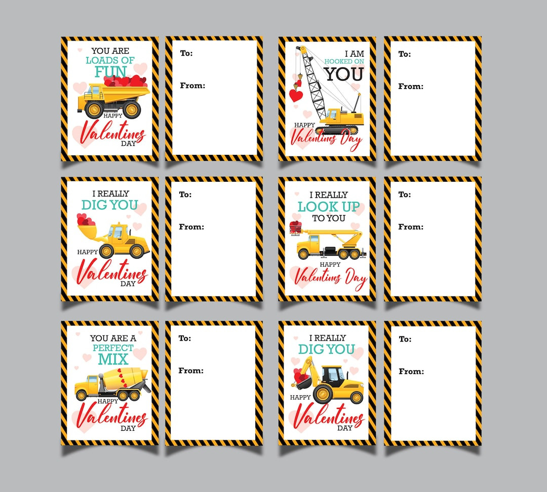 Valentines cards for kids, 25 cards for school, Construction truck Valentine's day cards, Assorte... | Etsy (US)