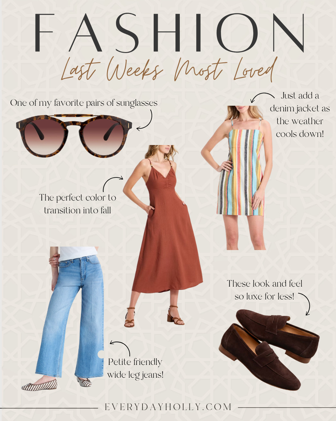 These are the pieces catching my eye as I start thinking about fall without dressing for fall weather just yet. The rust dress and brown suede loafers bring in those warmer tones, while the striped dress and petite friendly jeans still work perfectly for right now.

Late summer fashion, Fall transition outfits, Petite fashion, Wide leg jeans, Suede loafers, Summer dresses, Transitional style, Sunglasses, Everyday outfits, EverydayHolly 

 #LTKgrwm #LTKootd #LTKSeasonal