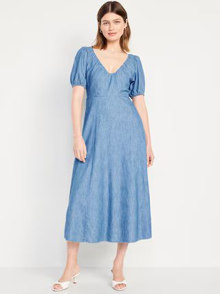 Puff-Sleeve Chambray Midi Dress for Women | Old Navy (US)