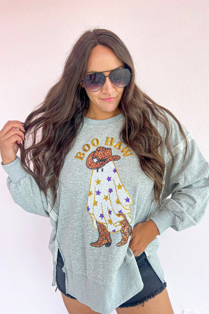 Grey Sequins Boo-Haw Pullover | Poppy Jane
