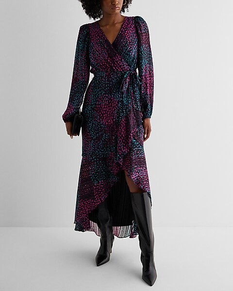 Printed Surplice Ruffle Hi-Lo Maxi Dress | Express