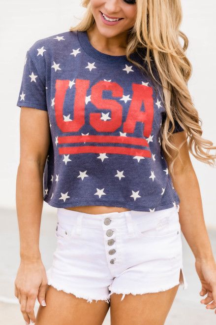 Vintage USA Stripes Cropped Graphic Tee Navy | The Pink Lily Boutique