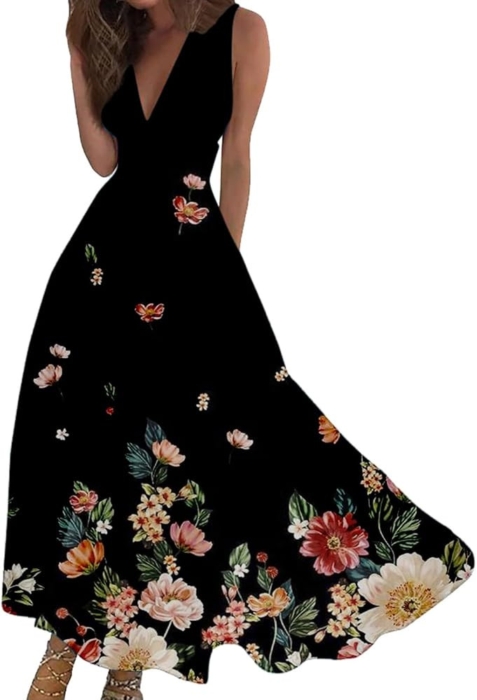 ZYXTIM Flowy Summer Dresses for Women 2024, V Neck Sleeveless Floral Maxi Dress, Casual Beach Vac... | Amazon (US)