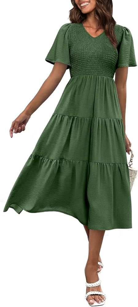 WEESO Women's 2023 Summer Casual Flutter Short Sleeve V Neck Smocked Elastic Waist Tiered Midi Dress | Amazon (US)