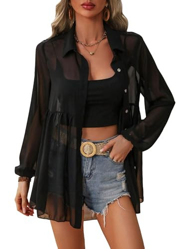 Verdusa Women's Sheer Mesh Button Down Shirt Tunic Top Loose Ruffle Hem Blouse Top Cover Up Black Medium | Amazon (US)