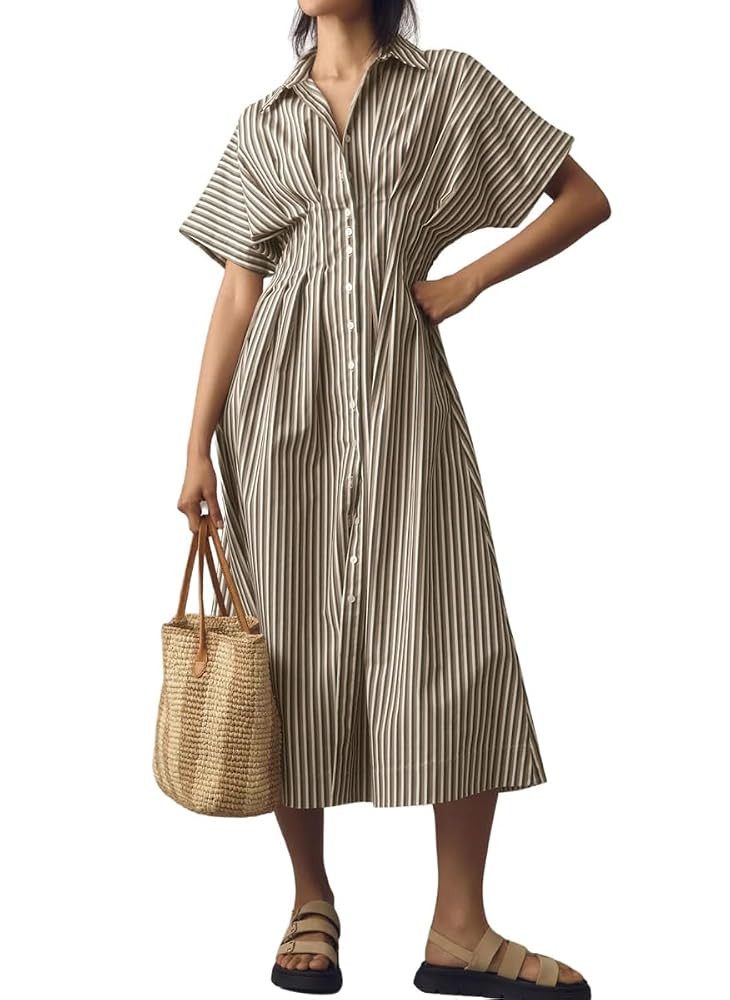 chouyatou Women's Contrast Color Striped Shirt Dress Pleated Button Down Maxi Long Tunic Dress | Amazon (US)