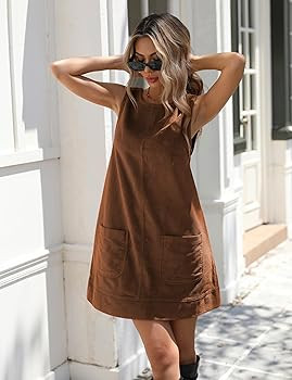 Hooever Women's Corduroy Overall Dress Round Neck A Line Skirtall Jumper Mini Dress Pinafore with... | Amazon (US)