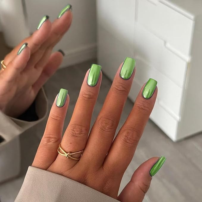 Metallic Green Square Press on Nails Medium Short,KQueenest Mirror Metal Plating False Acrylic Na... | Amazon (US)