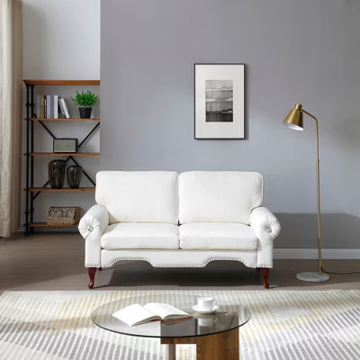 GDFStudio Sheila Linen Upholstery Sofa with Crystal button and Copper Nail, Beige/65" | Target